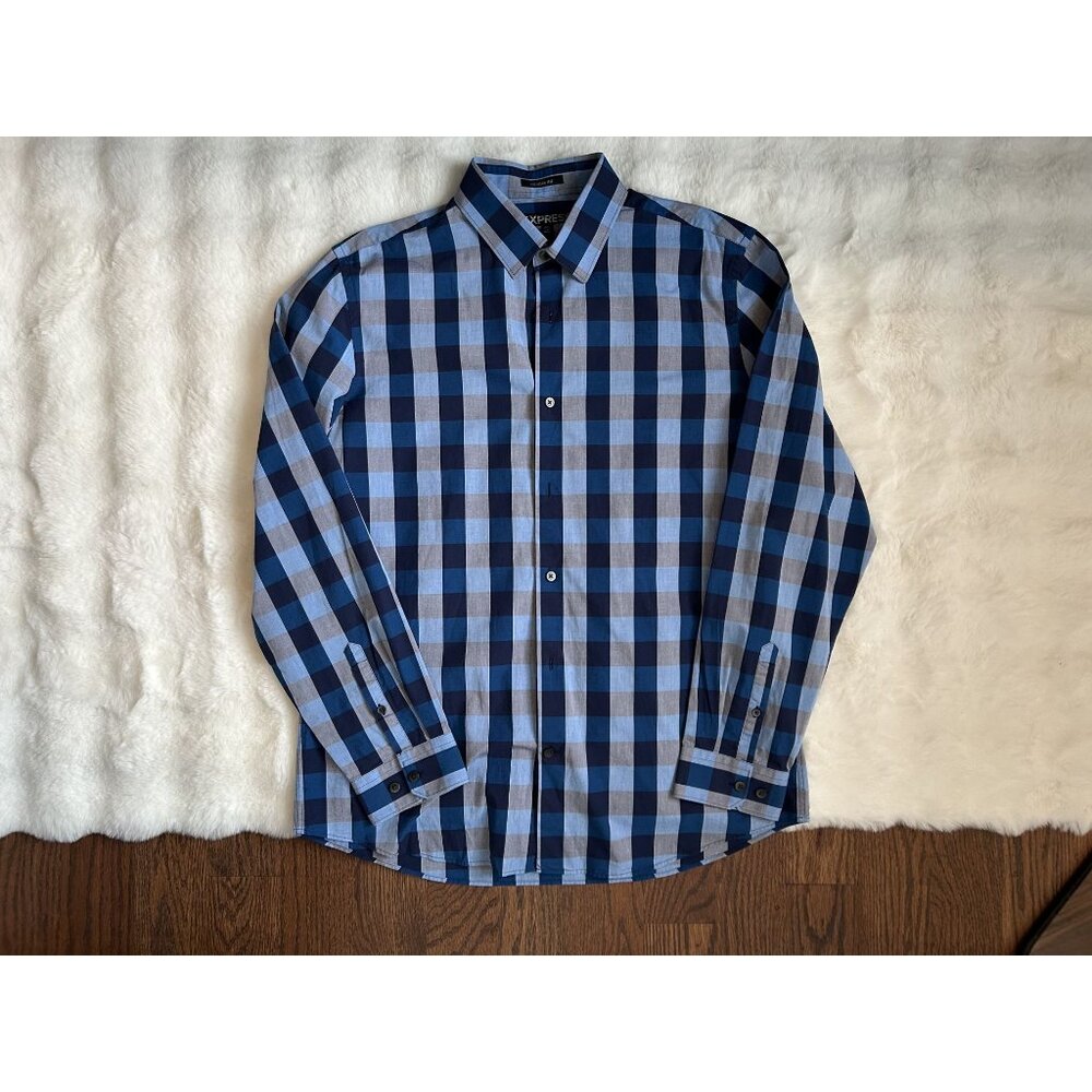 Blue and Gray Plaid Express Modern Fit Button Down Size L
